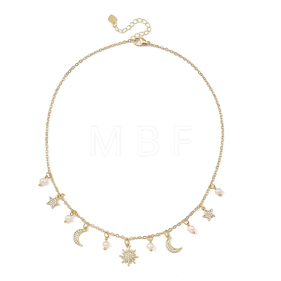 Brass Micro Pave Clear Cubic Zirconia Moon Star Sun Pendant Cable Chain Necklaces with Natural Pearl Beads for Women NJEW-JN06233-1