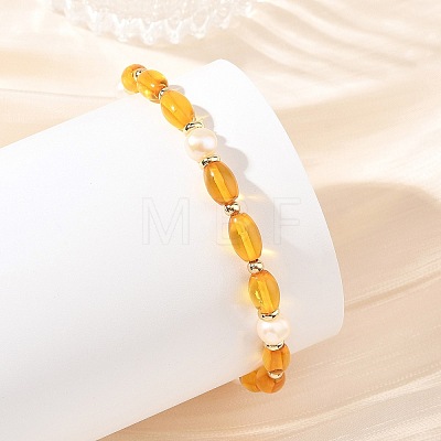 Oval Natural Baltic Amber & Natural Cultured Freshwater Pearl & Brass Beaded Stretch Bracelets for Women BJEW-JB14171-1