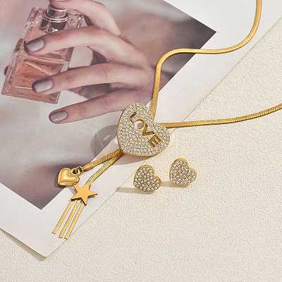 Alloy Rhinestone Heart LOVE Pendant Lariat Necklace & Stud Earrings for Women RE6970-1