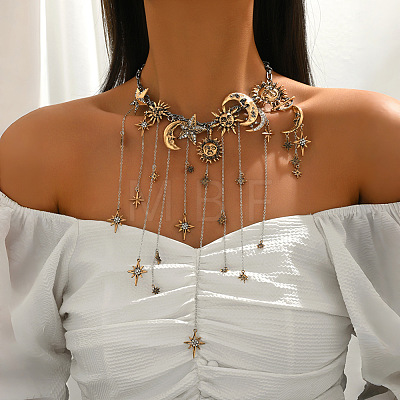 Alloy Crystal Rhinestone Moon & Star Fringe Statement Choker Necklaces WG41910-01-1