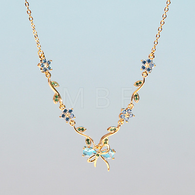 Brass Pave Cubic Zirconia Flower Bowknot Pendant Necklaces for Women WGA7CA3-01-1