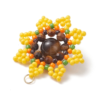 Round Natural Tiger Eye and Glass Seed Beaded Pendants PALLOY-MZ01135-1