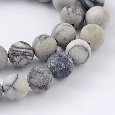 Round Frosted Natural Black Silk Stone/Netstone Bead Strands X-G-M248-8mm-03-1