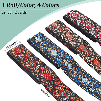  4 Bundles 4 Colors Flat Ethnic Style Polycotton Embroidered Floral Ribbon OCOR-PH0002-47-1