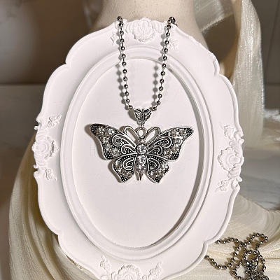 European Style Vintage Alloy Rhinestone Butterfly Pendant Ball Chain Necklaces for Women YE8712-1-1