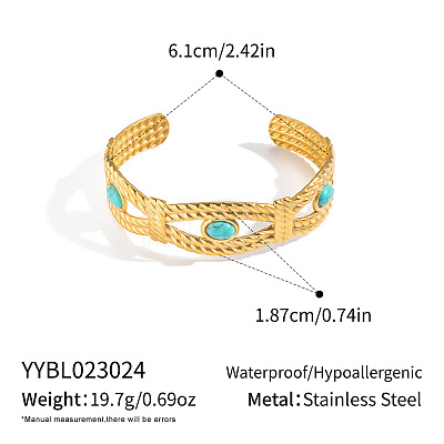 304 Stainless Steel Vintage Synthetic Turquoise Eye Open Cuff Bangles for Women WJ2970-1