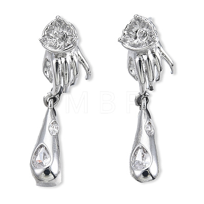 Brass Pave Clear Cubic Zirconia Hand with Teardrop Dangle Stud Earring Findings KK-N232-477P-A-1