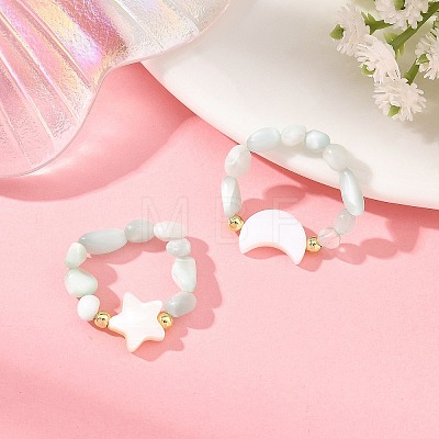 2Pcs Glass with Natural Freshwater Shell Beads Rings RJEW-JR01114-1