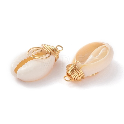 Natural Cowrie Shell Wire Wrapped Pendants X-PALLOY-JF00571-02-1