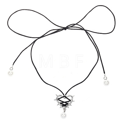 Alloy & Imitation White Round Pearl Pendant Waxed Cord Adjustable Tie Choker Necklaces for Women FS-WGE1A46-01-1