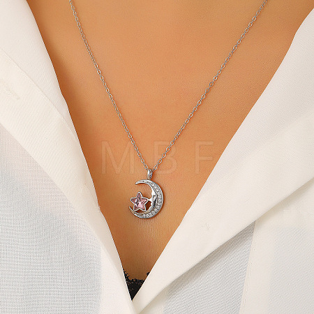 Brass Rose Rhinestone Moon with Star Pendant Necklaces for Women WG06C1A-11-1