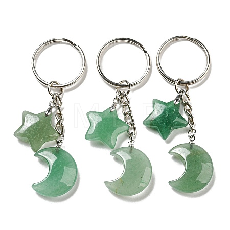 Reiki Natural Green Aventurine Moon & Star Pendant Keychains KEYC-P015-02P-03-1