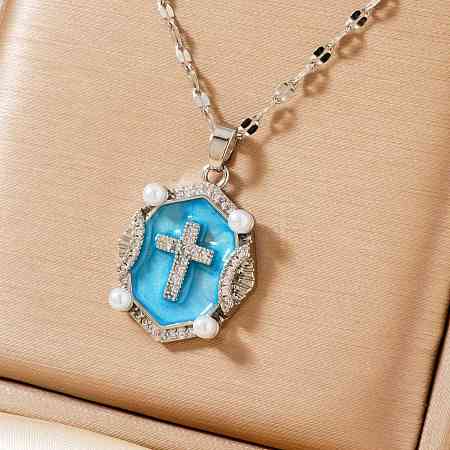 Shiny Retro Brass Micro Pave Clear Cubic Zirconia Oval with Cross Pendant Necklaces with Enamel YR4811-4-1