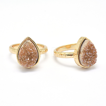 Electroplate Natural Druzy Quartz Crystal Finger Rings RJEW-I055-06G-RS-1