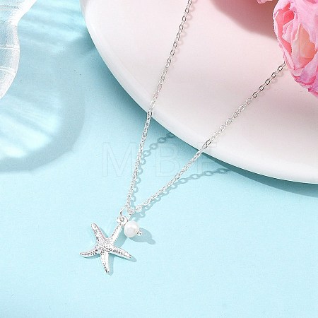 Ocean 304 Stainless Steel Starfish & Natural Pearl Pendant Necklaces for Women NJEW-JN06090-1