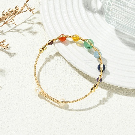 Chakra Herringbone Wire-Wrapped Gemstone Brass Cuff Bangles BJEW-JB14035-1