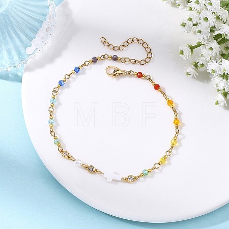 Baras Pave Clar Cubic Zirconia Flat Round & Cross Natural White Shell & Faceted Rondelle Glass Bead Chain Anklets for Women AJEW-AN00824-1