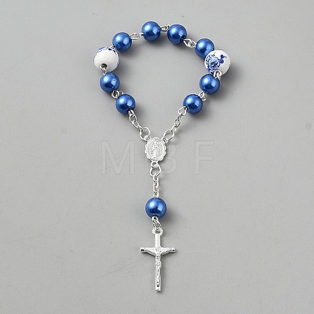 Plastic Imitation Pearl and Porcelain Round Link Metal Virgin Cross Charm Rosary Bracelets BJEW-WH0041-51B-1