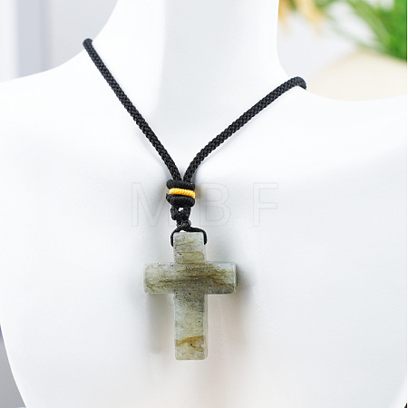 Natural Labradorite Cross Pendant Black Cotton Cord Necklaces FS-WG3ED65-04-1