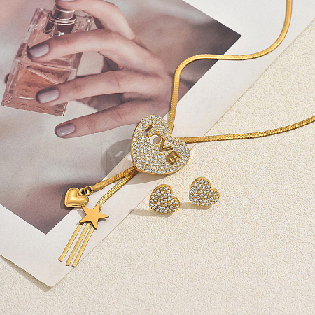 Alloy Rhinestone Heart LOVE Pendant Lariat Necklace & Stud Earrings for Women RE6970-1