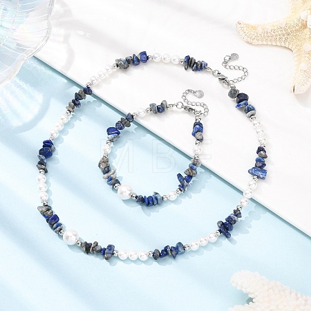 Natural Lapis Lazuli Chip Beads Bracelets & Necklaces Sets SJEW-JS01357-02-1