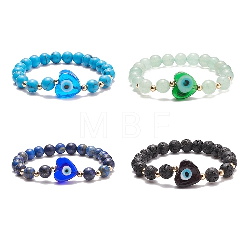 Gemstone & Lampwork Heart Evil Eye Beaded Stretch Bracelet for Women BJEW-JB08392-1