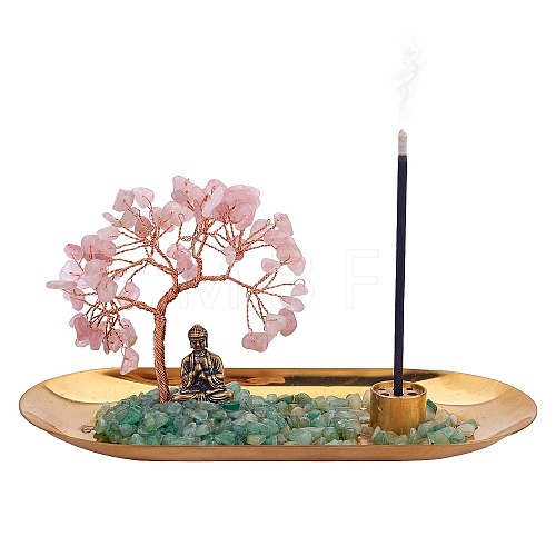 Natural Rose Quartz with Green Aventurine Chips with Brass Incense Burner Holder DJEW-G027-19RG-03-1