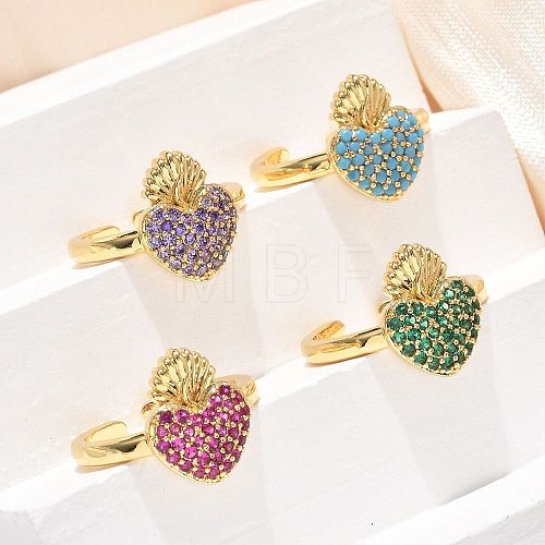 Sacred Heart Brass Micro Pave Cubic Zirconia Cuff Rings for Women RJEW-B117-01G-1