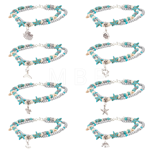 8Pcs 8 Style Synthetic Turquoise Starfish & Seed & Resin Beaded Double Layer Multi-strand Anklets Set AJEW-AN0001-03-1