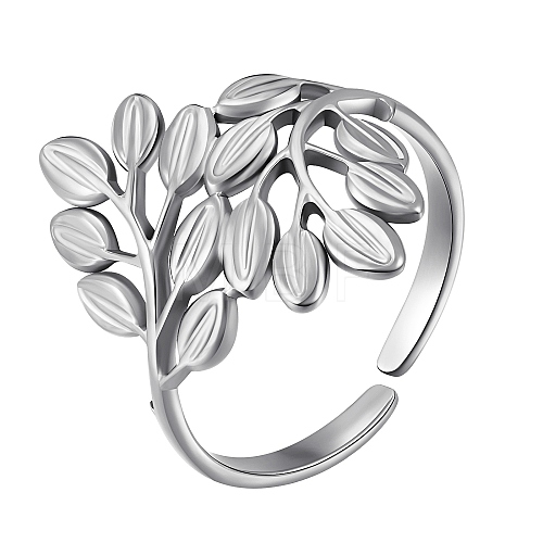 304 Stainless Steel Leaf Open Cuff Ring RJEW-SZ0001-18P-1