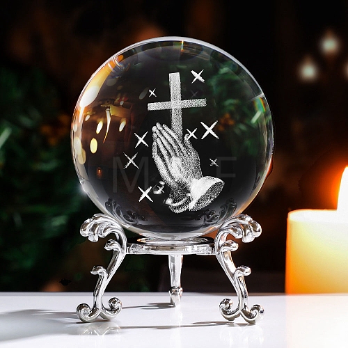 Inner Carving Cross & Prayer Hand Glass Crystal Ball Diaplay Decoration PW-WG8331F-01-1