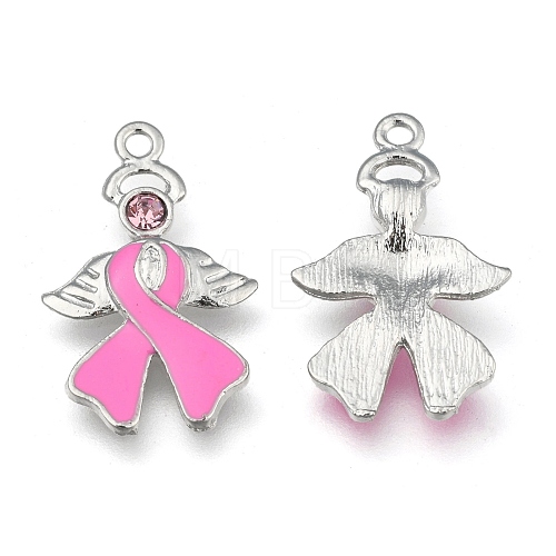 Breast Cancer Awareness Ribbon with Angel Wing Platinum Color Pearl Pink Alloy Rhinestone Enamel Pendants X-ENAM-D001-2-1