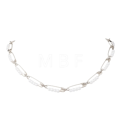 Round Acrylic Imitation Pearl Beaded Iron Safety Pin Link Chain Necklaces NJEW-JN05671-1