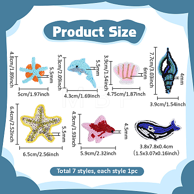 7Pcs 7 Styles Ocean Theme Glass Seed Beads Sew on Patches PATC-PH0001-89-1