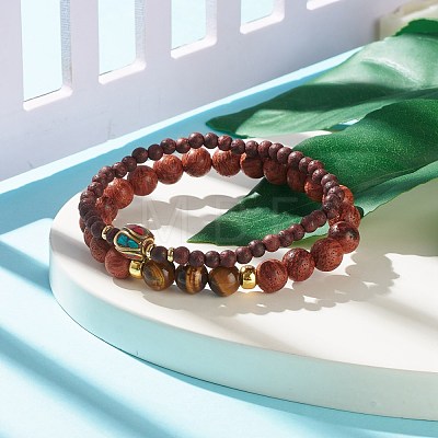 2Pcs 2 Style Natural Dracaena Draco(Dragon Tree) Wood & Mixed Gemstone Stretch Bracelets Set for Women BJEW-JB07939-1