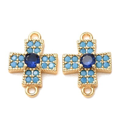 Brass Micro Pave Deep Sky Blue and Blue Cubic Zirconia Religion Cross Links Connector Charms CU-K002-08G-1