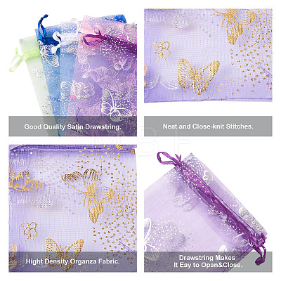 Kissitty 100Pcs 2 Style Gold Stamping Butterfly Rectangle Organza Gift Bags OP-KS0001-01-1