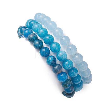 3Pcs Round Natural Blue Quartz & Dyed Quartz & Apatite & Pearl Beaded Stackable Stretch Bracelets Sets BJEW-JB12989-1