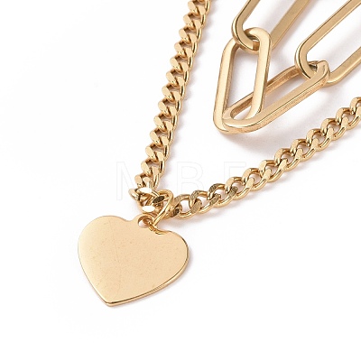 Vacuum Plating 304 Stainless Steel Double Chains Multi Layered Necklace with Heart Charms for Women STAS-E155-08G-1
