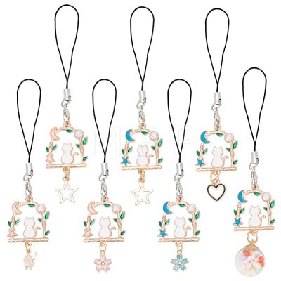 14Pcs 7 Style Alloy Enamel Arch with Cat Phone Charm Mobile Straps HJEW-DR0001-02-1