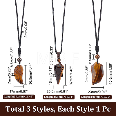 Globleland 3Pcs 3 Style Natural Tiger Eye Wing & Cone & Dagger Pendant Necklaces Set with Polyester Rope for Men Women NJEW-GL0001-02-1
