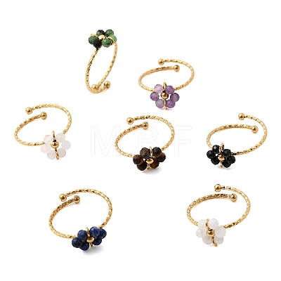 Adjustable 304 Stainless Steel with Natural Mixed Stone Cuff Open Rings RJEW-P187-01G-08-1