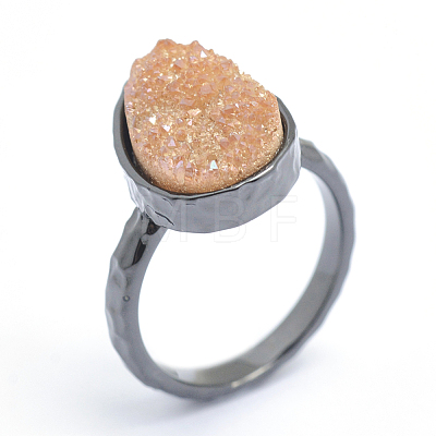 Electroplate Natural Druzy Quartz Crystal Finger Rings RJEW-I055-06B-RS-1