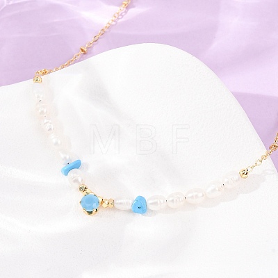 Synthetic Turquoise Chip and Rice Natural Pearl Beaded Necklaces GG-CBA3297-15G-D-1