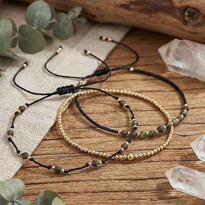 3Pcs 3 Styles Natural Golden Sheen Obsidian & Brass Round Beads Adjustable Bracelets & Brass Round Beads Stretch Braclets for Women TQ6408-2-1