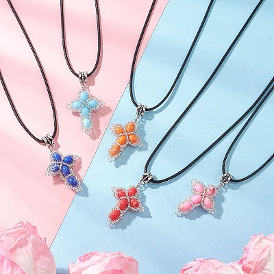 Dyed Synthetic Imperial Jasper with Glass Seed Beaded Cross Pendant Black Waxed Cotton Cord Necklaces NJEW-MZ00138-1