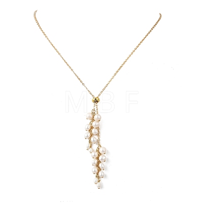 Natural Cultured Freshwater Pearl Rice Beads Tassel Brass Cable Chain Lariat Necklaces for Women NJEW-TA00264-1