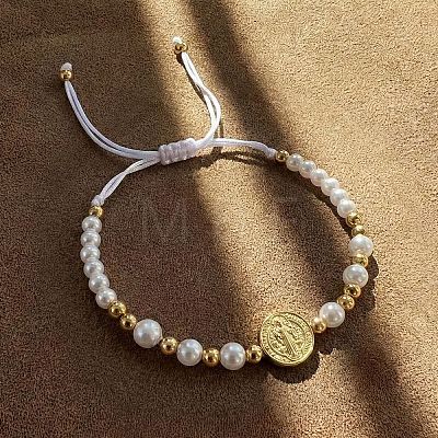 Elegant Round Brass & Imitation Pearl Beads Braided Bead Bracelets FJ6643-1