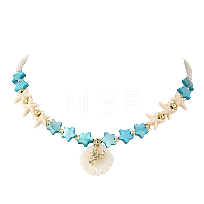 Summer Beach Carved Natural Freshwater Shell and Alloy Shrimp Pendant Starfish Dyed Synthetic Turquoise & Glass Beaded Necklaces for Women NJEW-JN06506-02-1
