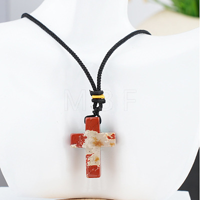 Natural Red Jasper Cross Pendant Black Cotton Cord Necklaces FS-WG3ED65-07-1